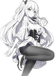  blush bow breasts closed_mouth commentary_request dress emily_stock female greyscale hair_between_eyes hairbow hand_up long_hair looking_at_viewer medium_breasts monochrome nose_blush one_side_up original pantyhose ririko_(zhuoyandesailaer) shoes short_sleeves simple_background smile solo standing standing_on_one_leg thighband_pantyhose underbust very_long_hair white_background wide_sleeves 