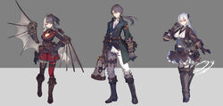  1boy 2girls absurdres ahoge asymmetrical_legwear bad_id bad_pixiv_id belt belt_pouch black_footwear black_gloves black_hair blush boots bow breasts brown_belt brown_choker brown_footwear brown_gloves brown_hair brown_legwear choker cleavage closed_mouth coat eyeshadow gear_hair_ornament gears glint gloves goggles goggles_around_neck gradient green_coat grey_background grey_eyes grey_hair hair_between_eyes hair_ornament hairbow hakase_fuyuki hand_on_own_hip highres holding holding_megaphone kagami_hayato knee_boots long_hair machinery makeup mechanical mechanical_wings medium_hair megaphone mismatched_legwear multicolored_hair multiple_girls navel nijisanji open_clothes open_coat open_mouth photoshop_(medium) ponytail pouch rainbow rainbow_gradient rainbow_hair red_bow red_eyes red_legwear red_skirt skirt sleeves_rolled_up smc-gumi_(nijisanji) smile split-color_hair standing steam steampunk thigh_strap thighhighs two-tone_background unti_no_azi vial virtual_youtuber watch wings yorumi_rena 