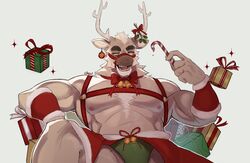  1boy abs absurdres animal_ears antlers bara biceps box briefs bulge candy candy_cane chest_harness christmas clothing_aside daga_(hexedcoin) deer_boy deer_ears food furry furry_male gift gift_box green_male_underwear harness highres holly horns large_hands large_pectorals looking_to_the_side male_focus male_underwear male_underwear_peek mature_male muscular muscular_male nipples original pectorals pelvic_curtain pelvic_curtain_aside reindeer_antlers seductive_smile short_hair smile solo sparkle thick_eyebrows triceps underwear 