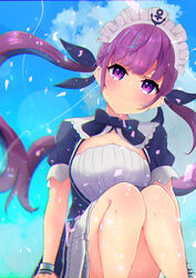  absurdres black_bow black_dress black_ribbon blue_hair blue_sky blush bow braid breasts cleavage closed_mouth cloud colored_inner_hair commentary_request day dress feet_out_of_frame female frilled_dress frills hair_ribbon highres hololive long_hair looking_at_viewer maid_headdress medium_breasts minato_aqua minato_aqua_(1st_costume) multicolored_hair neko_punch_(user_hddm3373) outdoors purple_eyes purple_hair ribbon short_sleeves sidelocks sitting sky smile solo streaked_hair twintails two-tone_hair very_long_hair virtual_youtuber wrist_cuffs 