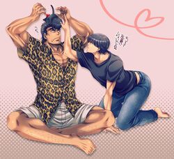  2boys animal animal_on_head arm_up arms_up bad_proportions barefoot black_cat black_hair black_shirt cat_on_head collarbone denim fang_out feline hajime_no_ippo heart heart_of_string highres jaguar_print jeans kneeling leg_hair looking_at_another looking_up male_focus miru_(mill_36) miyata_ichirou multiple_boys oerba_yun_fang on_head pants pectorals pompadour scar scar_on_chest shirt short_hair short_sleeves shorts sitting takamura_mamoru translated white_shorts 