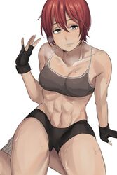  abs breasts collarbone female gloves hair_between_eyes han_soo-min_(hanny) hanny_(uirusu_chan) highres looking_at_viewer muscular muscular_female navel original red_hair shirt short_hair small_breasts solo sweat tekken underwear white_background 