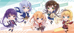  5girls amedamacon black_hairband black_jacket black_legwear black_skirt blonde_hair blue_eyes blue_jacket blue_ribbon blue_sailor_collar blue_skirt boots brown_footwear brown_hair brown_legwear brown_shirt brown_skirt character_hair_ornament character_name chibi clockwork_rabbit collared_shirt commentary_request copyright_name flower gochuumon_wa_usagi_desu_ka? green_eyes hair_flower hair_ornament hairband hairclip highres hood hood_down hooded_jacket hoto_cocoa jacket kafuu_chino kirima_syaro long_hair long_sleeves low_twintails multiple_girls neck_ribbon open_clothes open_jacket plaid plaid_skirt puffy_long_sleeves puffy_sleeves purple_eyes purple_footwear purple_hair purple_shirt red_jacket ribbon sailor_collar shirt skirt sleeves_past_wrists socks star_(symbol) striped_clothes striped_skirt tedeza_rize thighhighs tippy_(gochiusa) track_jacket twintails two_side_up ujimatsu_chiya vertical-striped_clothes vertical-striped_skirt very_long_hair white_flower white_jacket white_shirt x_hair_ornament 