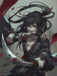  1boy bandages black_gloves black_hair black_kimono blood blood_on_bandages brown_eyes commentary dororo_(tezuka) fighting_stance fingerless_gloves gloves highres hyakkimaru_(dororo) japanese_clothes kimono long_hair looking_at_viewer male_focus mouth_hold prosthesis prosthetic_arm prosthetic_sword qianjingya solo standing sword very_long_hair weapon 