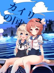  2girls absurdres ahoge black_one-piece_swimsuit blonde_hair blue_eyes blue_sailor_collar cityscape commentary_request cover crop_top feet_out_of_frame flower hair_flower hair_ornament highres i-58_(kancolle) kantai_collection momimaki multiple_girls neckerchief one-piece_swimsuit pink_hair pink_neckerchief red_eyes ro-500_(kancolle) sailor_collar school_swimsuit school_uniform serafuku short_hair sleeveless swimsuit swimsuit_under_clothes tan translation_request water 