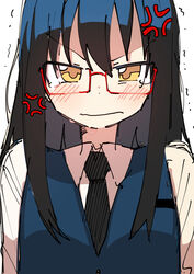  anger_vein angry black_hair blush bural_chingu commentary female glasses hair_between_eyes ju_hyeon-mi korean_commentary long_hair looking_at_viewer luke_(dydansgur) motion_lines necktie red-framed_eyewear school_uniform semi-rimless_eyewear solo tears trembling under-rim_eyewear vest yellow_eyes 