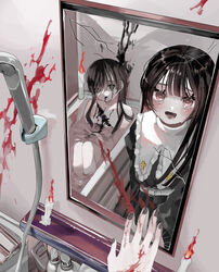  2girls absurdres bad_id bad_pixiv_id bathroom bathtub belt belt_buckle black_dress black_hair black_nails blood blood_on_hands blood_on_mirror blood_on_wall blood_splatter blunt_bangs blunt_ends blush broken_mirror buckle candle commentary_request cross_print dress eyebrows_hidden_by_hair eyelashes feet_out_of_frame female_pov fire grey_eyes grey_nails hair_over_eyes hair_over_shoulder hanataro_(sruvhqkehy1zied) hand_on_mirror hand_up heart heart-shaped_buckle highres knees_up long_hair looking_at_mirror lying mirror multiple_girls open_hand open_mouth original partially_submerged pink_eyes pov pov_hands reflection shower_head soap_bottle sweat upper_body wall water white_belt 