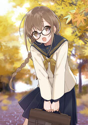  :d autumn_leaves black-framed_eyewear blue_sailor_collar blue_skirt blurry blurry_background blush braid braided_ponytail briefcase brown_eyes brown_hair commentary_request cowboy_shot day depth_of_field female glasses holding holding_briefcase long_hair long_sleeves looking_at_viewer miyoshino neckerchief open_mouth original outdoors pleated_skirt sailor_collar school_briefcase school_uniform serafuku shirt single_braid skirt smile solo tree v_arms very_long_hair white_shirt yellow_neckerchief 