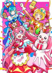  3girls :d anime_coloring blonde_hair blue_hair commentary_request cure_precious cure_spicy cure_yum-yum delicious_party_precure dress eyelashes fuwa_kokone gloves green_eyes hair_ornament hanamichi_ran happy highres kome-kome_(precure) light_blue_hair long_hair looking_at_viewer magical_girl mem-mem_(precure) multicolored_hair multiple_girls nagomi_yui official_style open_mouth pam-pam_(precure) pink_background pink_eyes pink_hair precure red_eyes smile streaked_hair tsukikage_oyama 