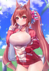  absurdres animal_ears blue_sky blurry blurry_background blush bow breasts brown_hair buruma closed_mouth cloud collarbone commentary_request daiwa_scarlet_(umamusume) day depth_of_field female hair_between_eyes hair_intakes hairbow hand_up highres horse_ears horse_girl index_finger_raised jacket large_breasts long_hair long_sleeves looking_at_viewer neko_punch_(user_hddm3373) outdoors railing red_bow red_buruma red_eyes red_jacket shirt sky sleeves_past_wrists smile solo sweat tiara tracen_training_uniform track_jacket twintails umamusume very_long_hair white_shirt 