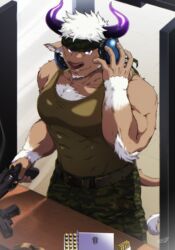  1boy abs animal_ears bara bare_shoulders brown_fur bullet camouflage camouflage_headwear camouflage_pants chest_hair commentary_request covered_abs cow_ears cow_horns cow_tail ear_protection facial_hair furry furry_male goatee green_tank_top gun handgun headband headphones headphones_around_neck highres holding holding_gun holding_weapon horns large_pectorals leaf male_focus minotaur mouth_hold muscular muscular_male pants pectoral_cleavage pectorals purple_eyes purple_horns shennong_(housamo) shooting_range short_hair sig_p220/p226 sig_sauer smile solo stalk_in_mouth tail tank_top tokyo_afterschool_summoners weapon white_hair yanai_inaya 