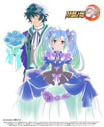  1boy absurdres alternate_costume az_sainklaus blue_dress blue_hair blue_suit bouquet copyright_name copyright_notice dress earrings edge_sainklaus female formal green_hair green_hoodie highres holding holding_bouquet hood hoodie jewelry kouno_sachiko looking_at_viewer multicolored_hair official_art promotional_art suit super_robot_wars super_robot_wars_30 two-tone_hair white_background 