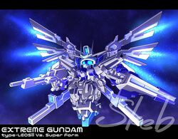  alternate_color blue_eyes character_name commission dual_wielding extreme_gundam_type_leo_ii_vs flying glowing glowing_eyes gun gundam gundam_exa gundam_exa_vs haiteku_reibou holding holding_gun holding_sword holding_weapon mecha mechanical_wings no_humans robot science_fiction skeb_commission solo space sword v-fin watermark weapon wings 