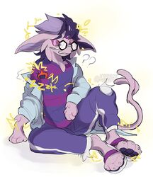  2022 after_transformation anthro arm_tuft big_ears bodily_fluids bottomwear cheek_tuft claws clothed clothing coat confusion drooling eeveelution elbow_on_leg electricity electrogenesis espeon eyewear eyewear_on_head facial_tuft fluffy footwear fully_clothed fur gem generation_2_pokemon generation_4_pokemon glasses glasses_on_head hair hi_res implied_transformation jacq_(pokemon) lab_coat legwear long_ears looking_confused male multicolored_hair neck_tuft nintendo pants pattern_clothing pattern_shirt pattern_topwear pawpads paws pokemon pokemon_(species) purple_body purple_bottomwear purple_clothing purple_eyes purple_fur purple_hair purple_inner_ear purple_pants purple_shirt purple_topwear question_mark rotom rotom_phone saliva sandals shadow shirt simple_background sitting small_nose snout solo species_transformation spiral_eyes striped_clothing striped_shirt striped_topwear stripes sweat sweatpants tail topwear transformation tuft two_tone_hair unusual_anatomy unusual_tail white_background yenkoby 