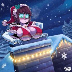  blush bra breasts brown_hair chimney christmas cleavage closed_mouth cyynapse elbow_gloves ellie_(cyynapse) female gloves green_eyes highres house large_breasts looking_away night original outdoors rectangular_eyewear red_bra santa_costume short_hair snow snowflakes snowing solo underwear white_gloves 