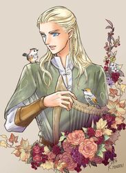  1boy bird blonde_hair blue_eyes braid coat flower grey_background hair_slicked_back harp highres instrument kazuki-mendou legolas male_focus orange_flower orange_rose pointy_ears rose side_braid signature simple_background smile solo the_lord_of_the_rings tolkien&#039;s_legendarium upper_body 