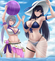  2girls absurdres archstreal ball bare_shoulders beachball bikini black_hair blue_bikini blue_sky blush breasts choker cleavage collarbone green_eyes grey_hair hat highres large_breasts lin_(tower_of_fantasy) long_hair looking_at_viewer multiple_girls navel original outdoors ponytail purple_eyes sarong sky stomach sun_hat swimsuit thighs tower_of_fantasy wading wanderer_(tower_of_fantasy) water white_bikini 