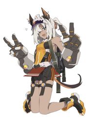  animal_ears barcode barcode_tattoo blue_eyes boots character_request commentary_request copyright_request female gauntlets giant_fist highres ningen_(ningen96) ponytail short_hair shorts solo tail tan tattoo v white_hair 