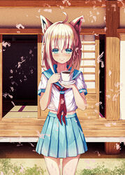  absurdres ahoge alternate_costume animal_ear_fluff animal_ears blue_eyes blue_skirt blush braid chinese_commentary commentary cup female fox_ears fox_girl hair_between_eyes highres holding holding_cup hololive long_hair looking_at_viewer mixed-language_commentary natsuki_(digretking) neckerchief outdoors petals pleated_skirt red_neckerchief sailor_collar school_uniform serafuku shirakami_fubuki shirt short_sleeves sidelocks single_braid skirt smile solo virtual_youtuber white_hair white_shirt 