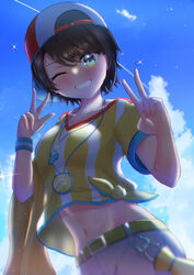  absurdres backwards_hat baseball_cap black_hair blue_sky blurry blurry_foreground blush breasts cloud collarbone commentary_request crop_top day depth_of_field double_v female green_eyes grin hands_up hat highres hololive looking_at_viewer medium_breasts megaphone midriff navel neko_punch_(user_hddm3373) one_eye_closed oozora_subaru oozora_subaru_(1st_costume) outdoors red_hat shirt short_hair short_sleeves shorts sky smile solo stopwatch striped_clothes striped_shirt sweatband swept_bangs tied_shirt v vertical-striped_clothes vertical-striped_shirt virtual_youtuber whistle whistle_around_neck white_shorts wristband yellow_shirt 