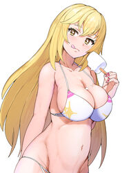  :q belly bikini blonde_hair blush breasts commentary female food food_on_body food_on_breasts holding large_breasts long_hair looking_at_viewer navel popsicle shokuhou_misaki sikijou77o simple_background solo sparkling_eyes stomach swimsuit toaru_kagaku_no_railgun toaru_majutsu_no_index tongue tongue_out white_background white_bikini yellow_eyes 