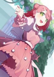  :d absurdres back_bow blurry blurry_background bow bowtie braid braided_bun breasts bright_pupils commentary_request cowboy_shot day dream_with_you_(love_live!) dress dutch_angle earrings female fingernails frilled_sleeves frills from_below goe_(g-o-e) green_eyes hair_bun hair_ornament hairbow hairclip hands_up highres jewelry light_blush looking_at_viewer looking_down love_live! love_live!_nijigasaki_high_school_idol_club medium_breasts neck_ribbon open_mouth outdoors outstretched_arm pink_bow pink_bowtie pink_dress pink_hair pink_ribbon puffy_short_sleeves puffy_sleeves ribbon short_hair short_sleeves single_side_bun smile solo standing swept_bangs teeth uehara_ayumu upper_teeth_only white_bow white_pupils white_sleeves wrist_cuffs 