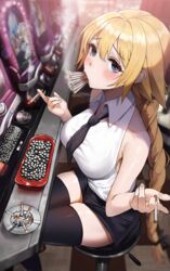  ashtray bad_id bad_pixiv_id bare_shoulders black_necktie black_shorts black_thighhighs blonde_hair blue_eyes blurry blurry_background blush braid casino cigarette collared_shirt commentary_request fate/grand_order fate_(series) female highres holding holding_cigarette indoors jeanne_d&#039;arc_(fate) jeanne_d&#039;arc_(girl_from_orleans)_(fate) long_hair looking_at_viewer mouth_hold necktie pachinko pachinko_ball shirt short_necktie shorts single_braid sitting skindentation sleeveless sleeveless_shirt smoke smoking solo suou-sensei thighhighs too_many too_many_cigarettes too_many_in_mouth very_long_hair 