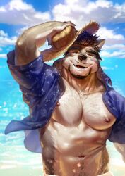  abs anthro beach beard black_nose bottomwear brown_eyes brown_hair canid canine canis clothed clothing domestic_dog facial_hair fur grey_body grey_fur hair hairy hat headgear headwear hi_res male mammal moustache muscular muscular_anthro muscular_male nipples nviek5 open_clothing open_mouth open_shirt open_topwear pecs sea seaside shirt shore sky solo straw_hat tan_body tan_fur topwear water wolf 