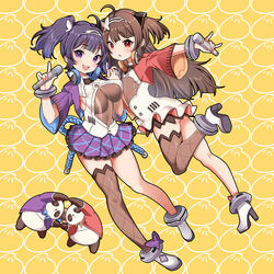  2girls :d ahoge anklet azur_lane blunt_bangs blush bracelet breasts brown_hair brown_thighhighs butterfly_hair_ornament center_opening cleavage cropped_jacket frilled_skirt frills full_body hair_ornament hairband headphones headphones_around_neck high_heels highres holding holding_hands holding_microphone interlocked_fingers jacket jewelry large_breasts leg_up long_hair long_sleeves microphone miniskirt mojarin_(kihara_mojarin) multiple_girls ning_hai_(azur_lane) ning_hai_(dragon_sisters!_-n)_(azur_lane) official_alternate_costume open_clothes open_jacket open_mouth panda patterned_background ping_hai_(azur_lane) ping_hai_(dragon_sisters!_-p)_(azur_lane) pleated_skirt purple_eyes purple_hair purple_jacket purple_skirt red_eyes red_jacket rope round_teeth see-through short_hair short_twintails single_thighhigh skirt small_breasts smile teeth thighhighs twintails two_side_up upper_body white_footwear white_hairband yellow_background 