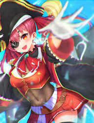  :d absurdres belt belt_buckle bicorne black_coat black_hat black_thighhighs blurry blurry_background blurry_foreground blush breasts brown_belt buckle chromatic_aberration cleavage coat commentary_request covered_navel crop_top depth_of_field eyebrows_hidden_by_hair eyepatch female gloves hair_between_eyes hat heart highres hololive houshou_marine houshou_marine_(1st_costume) long_hair long_sleeves looking_at_viewer medium_breasts neko_punch_(user_hddm3373) open_clothes open_coat pleated_skirt red_eyes red_hair red_shirt red_skirt see-through see-through_cleavage shirt skirt smile solo teeth thighhighs upper_teeth_only virtual_youtuber white_gloves 