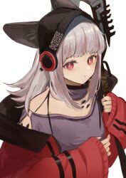  animal_ears arknights azuazu_0405 clothes_writing diamond-shaped_pupils diamond_(shape) ears_through_headwear expressionless female fox_ears fox_girl frostleaf_(arknights) grey_hair grey_shirt headphones highres holding holding_polearm holding_weapon implied_extra_ears infection_monitor_(arknights) jacket long_hair long_sleeves looking_at_viewer off-shoulder_shirt off_shoulder open_clothes open_jacket polearm red_eyes red_jacket shirt sidelocks simple_background solo symbol-shaped_pupils upper_body weapon white_background 