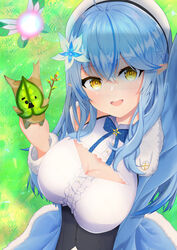  :d absurdres ahoge arm_up bare_shoulders beret blue_bow blue_flower blue_hair blue_jacket bow braid breasts center_frills cleavage cleavage_cutout clothing_cutout colored_tips commentary_request day fairy female flower frills fur-trimmed_sleeves fur_trim grass hair_between_eyes hair_flower hair_ornament half_updo hat highres holding hololive jacket korok large_breasts long_hair long_sleeves looking_at_viewer medium_breasts multicolored_hair neko_punch_(user_hddm3373) open_clothes open_jacket outdoors pointy_ears shadow shirt sleeveless sleeveless_shirt smile streaked_hair the_legend_of_zelda the_legend_of_zelda:_breath_of_the_wild very_long_hair virtual_youtuber white_flower white_headwear white_shirt yellow_eyes yukihana_lamy yukihana_lamy_(1st_costume) 