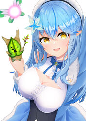  :d absurdres ahoge arm_up bare_shoulders beret blue_bow blue_flower blue_hair blue_jacket bow braid breasts center_frills cleavage cleavage_cutout clothing_cutout colored_tips commentary_request day fairy female flower frills fur-trimmed_sleeves fur_trim hair_between_eyes hair_flower hair_ornament half_updo hat highres holding hololive jacket korok long_hair long_sleeves looking_at_viewer medium_breasts multicolored_hair neko_punch_(user_hddm3373) open_clothes open_jacket outdoors pointy_ears shadow shirt simple_background sleeveless sleeveless_shirt smile streaked_hair the_legend_of_zelda the_legend_of_zelda:_breath_of_the_wild very_long_hair virtual_youtuber white_background white_flower white_headwear white_shirt yellow_eyes yukihana_lamy yukihana_lamy_(1st_costume) 