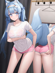  animal_ear_fluff animal_ears ass blue_eyes blue_hair bow bra bra_visible_through_clothes breasts closed_mouth collarbone commission dolphin_shorts female fox_ears fox_girl fox_tail frown hairband hairbow hand_on_own_ass highres jewelry leaning_forward lethe_(lethe187) long_hair looking_at_viewer medium_breasts micro_shorts mirror original pink_bra pink_shorts reflection ring see-through shirt short_shorts short_sleeves shorts side_slit solo standing sweatdrop tail tail_raised thighs twintails underbutt underwear very_long_hair wet wet_clothes wet_shirt white_shirt 