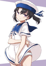  black_hair blue_collar blue_sailor_collar collar commentary_request cowboy_shot dress female fuji_(pixiv24804665) hat highres kantai_collection looking_at_viewer panties purple_eyes sailor_collar sailor_dress sailor_hat short_hair short_sleeves shounan_(kancolle) smile solo standing twintails underwear white_dress white_hat white_panties 