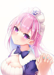  1other absurdres blue_bow blue_dress blue_hair blue_nails blush bow braid breasts cleavage closed_mouth collarbone colored_inner_hair commentary_request dress female highres holding_hands hololive interlocked_fingers long_hair looking_at_viewer maid_headdress medium_breasts minato_aqua minato_aqua_(1st_costume) multicolored_hair nail_polish neko_punch_(user_hddm3373) pink_hair pov purple_eyes simple_background smile streaked_hair two-tone_hair upper_body virtual_youtuber white_background 