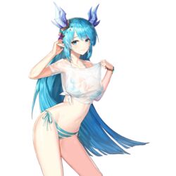  arm_up armpits bikini bikini_under_clothes blue_bikini blue_eyes blue_hair breasts closed_mouth clothes_pull collarbone contrapposto cowboy_shot crop_top dragon_horns female hair_ornament halterneck horns king&#039;s_raid laias_(king&#039;s_raid) large_breasts long_hair looking_at_viewer navel no_pants non-web_source official_art pointy_ears see-through shirt shirt_pull short_sleeves side-tie_bikini_bottom side-tie_shirt sidelocks smile solo standing stomach string_bikini striped_bikini striped_clothes swimsuit thighs transparent_background very_long_hair wet wet_clothes wet_shirt white_shirt 