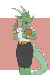  accessory adressa_(sindri) anthro bottomwear breasts claws clothed clothing digital_media_(artwork) dragon female furgonomics gold_(metal) green_body hi_res horn horn_accessory hornband mythological_creature mythological_scalie mythology pen reptile scalie smile solo spikes spikes_(anatomy) tail zed-s 