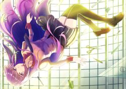  bakemonogatari black_thighhighs blue_eyes blue_necktie blue_skirt boxcutter brown_footwear collar commentary eraser eyelashes falling female full_body gradient_eyes gradient_hair highres juliet_sleeves knees_together_feet_apart legs light_rays loafers long_hair long_sleeves monogatari_(series) multicolored_eyes multicolored_hair naoetsu_high_school_uniform necktie open_hands open_mouth pink_hair pink_shirt pleated_skirt protractor puffy_sleeves purple_eyes purple_hair red_collar rongvuong ruler school_uniform scissors senjougahara_hitagi shadow shirt shoes sidelocks skirt solo stapler stationery swept_bangs thighhighs upside-down window zettai_ryouiki 