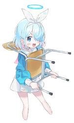  :d arona_(blue_archive) blue_archive blue_eyes blue_hair blue_shirt blush_stickers bow bow_hairband carrying chair choker cropped_legs female hair_over_one_eye hairband halo highres long_sleeves looking_at_viewer multicolored_hair one_eye_covered open_mouth pink_hair pleated_skirt puffy_long_sleeves puffy_sleeves revision ribbon sailor_collar school_chair school_uniform shirt short_hair simple_background skirt smile solo standing v-shaped_eyebrows white_background white_choker white_hairband white_ribbon white_sailor_collar white_skirt zeroarchive00 