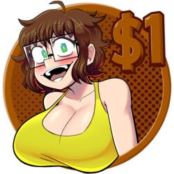  blush breasts brown_hair cleavage cyynapse ellie_(cyynapse) female glasses green_eyes highres large_breasts looking_at_viewer messy_hair open_mouth original rectangular_eyewear short_hair smile solo tank_top teeth upper_body 