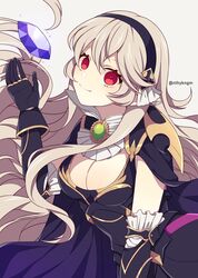  armor black_hairband breasts cape cleavage commentary corrin_(female)_(fire_emblem) corrin_(female)_(nohr_noble)_(fire_emblem) corrin_(fire_emblem) crml_orng female fire_emblem fire_emblem_fates hairband highres long_hair red_eyes simple_background smile solo stone twitter_username upper_body white_hair 