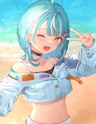  ;d ahoge bare_shoulders beach black_bustier black_choker blue_hair blue_jacket braid choker crop_top cropped_jacket earrings female hair_ornament hairclip highres jacket jewelry long_sleeves looking_at_viewer medium_hair midriff multicolored_hair navel nomo_(no_mo) ocean oerba_yun_fang off_shoulder one_eye_closed orange_nails pants red_eyes selfie shiranami_ramune shiranami_ramune_(1st_costume) side_braid smile solo streaked_hair swept_bangs v virtual_youtuber vspo! white_hair white_pants 