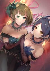  2girls bad_id bad_pixiv_id bare_shoulders black_dress blue_eyes breasts brown_hair cleavage closed_mouth collarbone dress eyelashes fishnet_gloves fishnets gloves green_eyes hayami_kanade highres idolmaster idolmaster_cinderella_girls idolmaster_cinderella_girls_starlight_stage kamoromance614 lace lace_gloves medium_breasts medium_hair mole mole_under_eye multiple_girls mysterious_eyes_(idolmaster) off-shoulder_dress off_shoulder parted_lips pretty_liar_(idolmaster) short_hair smile standing takagaki_kaede yellow_eyes 