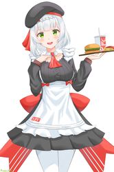  absurdres apron ascot back_bow beret blunt_bangs bow braid breasts burger commentary cowboy_shot cup detached_collar disposable_cup dress drinking_straw fast_food female food french_fries genshin_impact green_eyes hand_on_own_chest hat highres holding holding_tray kfc kyujuukyu long_sleeves looking_at_viewer medium_breasts noelle_(genshin_impact) noelle_(kfc)_(genshin_impact) open_mouth pantyhose short_hair smile solo tray waitress white_hair white_pantyhose 