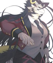  absurd_res anthro black_hair clothing dragon ear_piercing ear_ring fuxi_(tas) grey_body hair hi_res horn izm_rm7 lifewonders long_hair male muscular muscular_anthro muscular_male mythological_creature mythological_scalie mythology necktie piercing ring_piercing scalie suit tail tokyo_afterschool_summoners topwear vest 