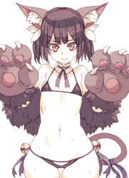  3: animal_ear_fluff animal_ears animal_hands bell bikini black_bikini black_hair brown_eyes claws closed_mouth commentary_request cowboy_shot detached_collar fate/kaleid_liner_prisma_illya fate_(series) female flat_chest gloves hair_ornament hairclip highres jingle_bell looking_at_viewer micro_bikini miyu_edelfelt miyu_edelfelt_(beast_style) navel paw_gloves ribbon short_hair short_twintails simple_background solo string_bikini sweat swimsuit tail tail_ornament tail_ribbon tasaka_shinnosuke twintails white_background 