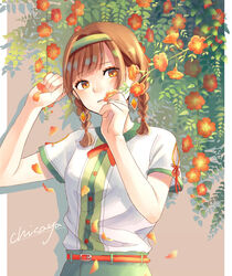  belt braid character_name earrings female flower green_hairband green_headwear green_skirt hairband hand_up highres jewelry medium_hair original petals shirt short_sleeves skirt solo trumpet_creeper twin_braids white_shirt yuzor_a_rancia 