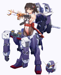  adapted_costume areola_slip black_hair black_legwear breasts brown_eyes bubblegum_crisis buttons commentary_request cosplay double-breasted female fishnet_legwear fishnets full_body gradient_leotard gundam gundam_gaiden:_hidden_shadow_of_g hair_ornament hardsuit helmet hidden_shadow_of_g hidden_shadow_of_g_(cosplay) holding kantai_collection medium_breasts moke_ro robot_costume sendai_(kancolle) sideboob sideless_outfit simple_background solo staff taimanin_(series) taimanin_asagi taimanin_suit two_side_up white_background 