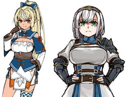  2girls black_gloves black_hairband blonde_hair breasts brown_eyes brown_gloves cleavage cleavage_cutout clothing_cutout elf fingerless_gloves frown gloves green_eyes grey_hair hairband hand_on_own_hip hands_on_own_hips hololive knight large_breasts long_hair multiple_girls partially_fingerless_gloves pointy_ears sazare_(sazare_az) shiranui_flare shiranui_flare_(old_design) shirogane_noel shirogane_noel_(1st_costume) short_hair smile thigh_strap virtual_youtuber white_background white_hair 